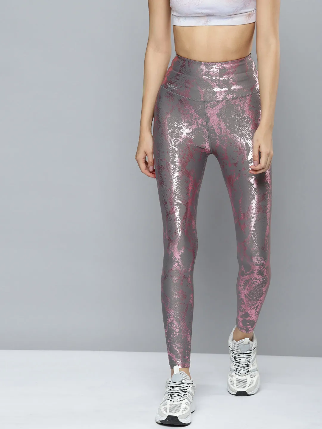 Women's Grey & Pink Snake Print Training Tights