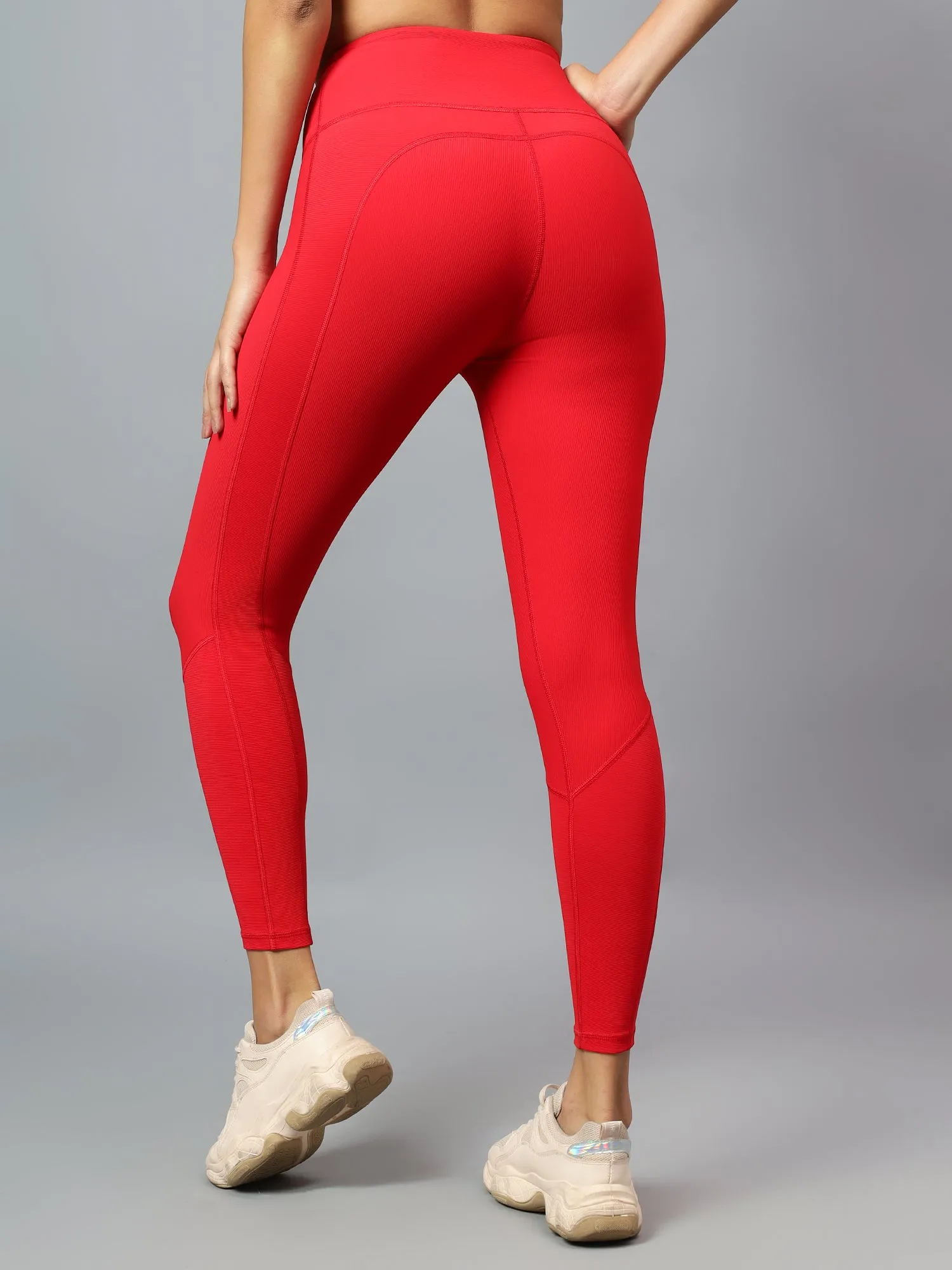 Women's Red Ribbed High Waist Training Tights