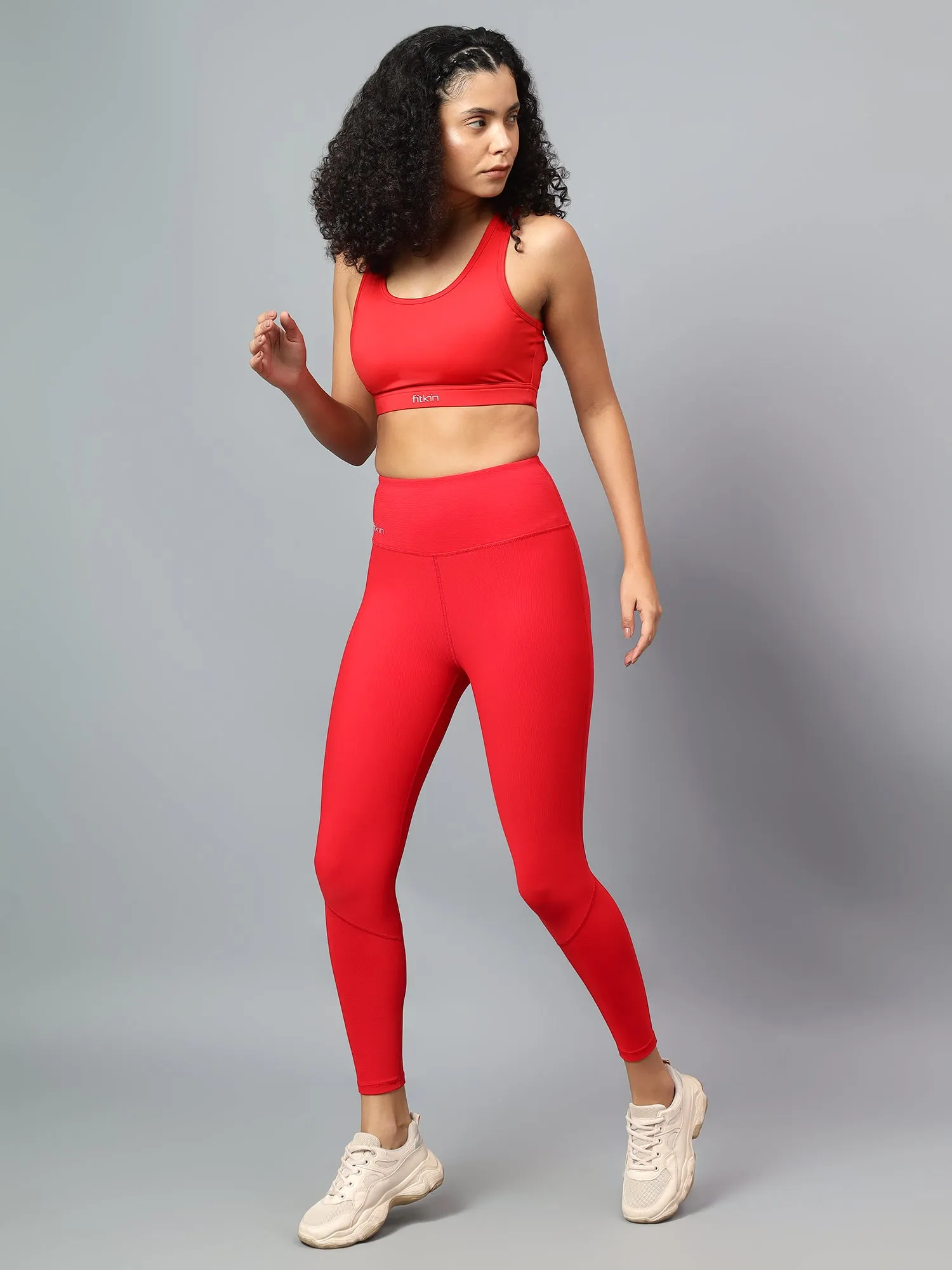 Women's Red Ribbed High Waist Training Tights