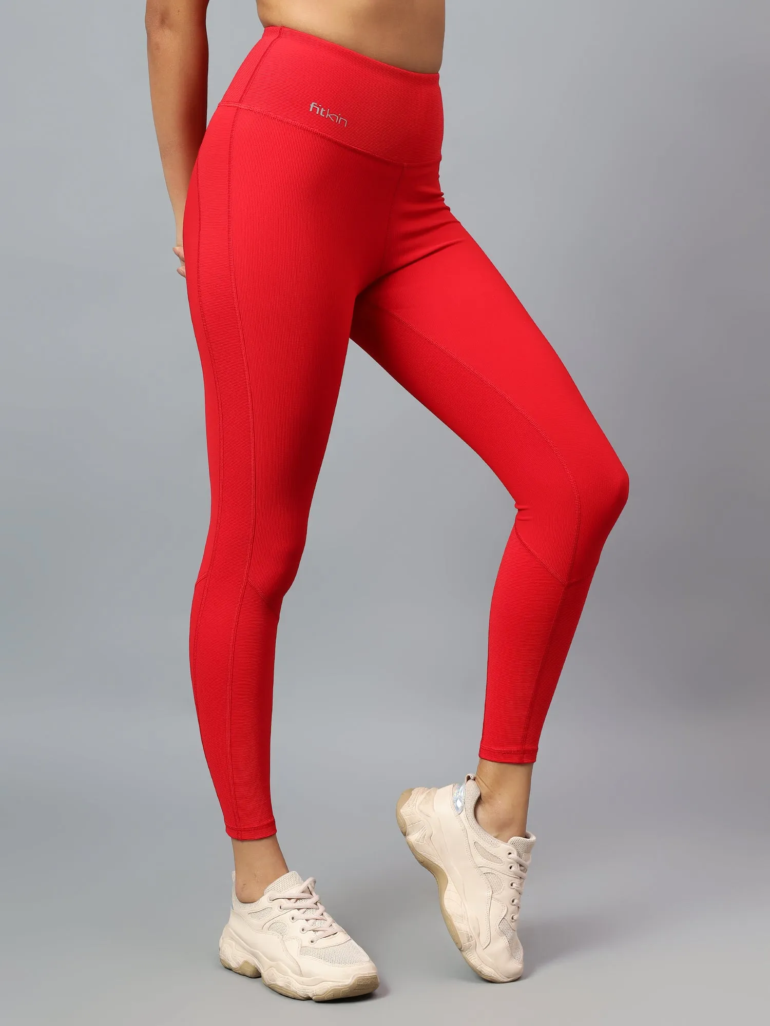 Women's Red Ribbed High Waist Training Tights