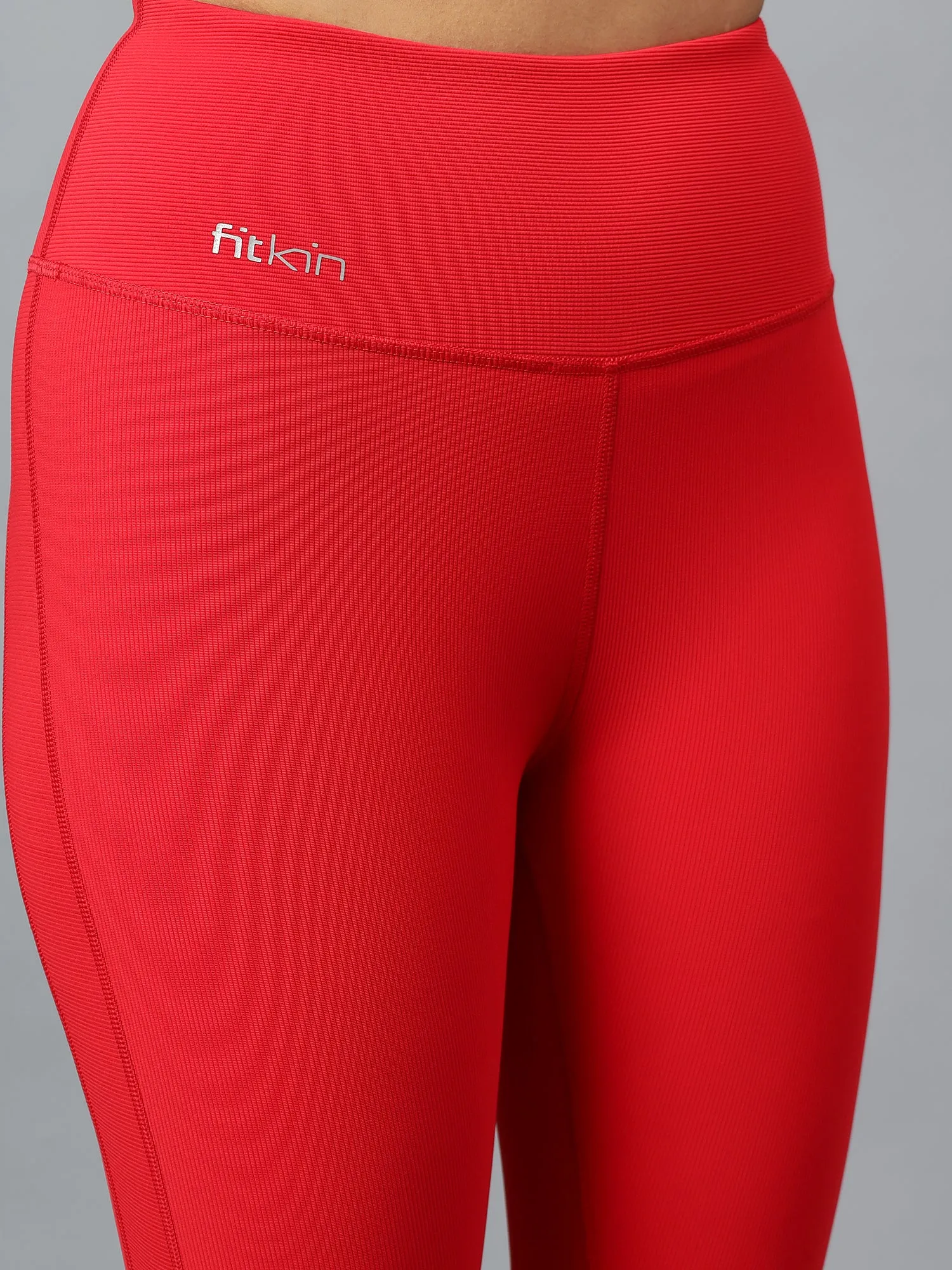 Women's Red Ribbed High Waist Training Tights