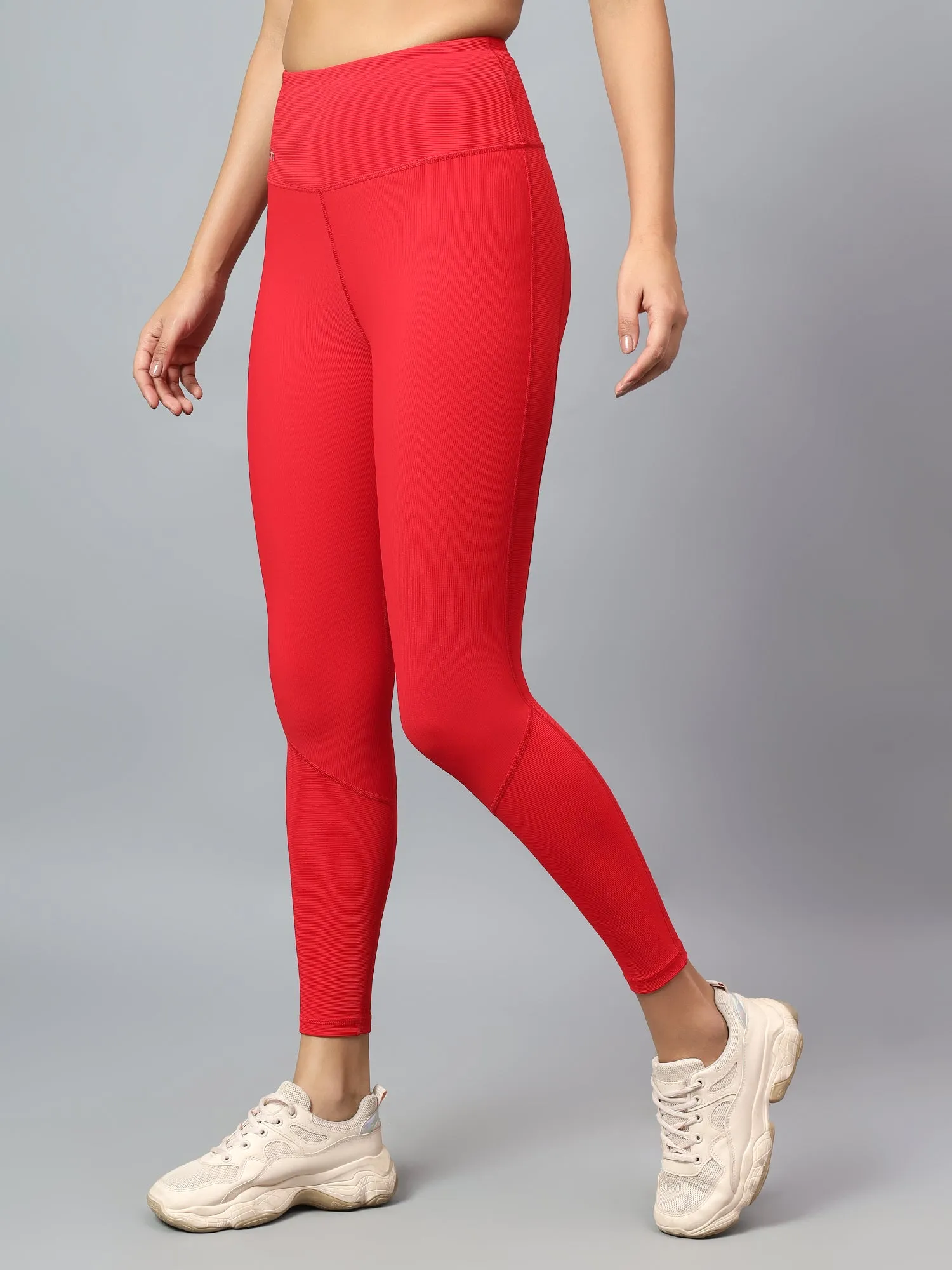 Women's Red Ribbed High Waist Training Tights
