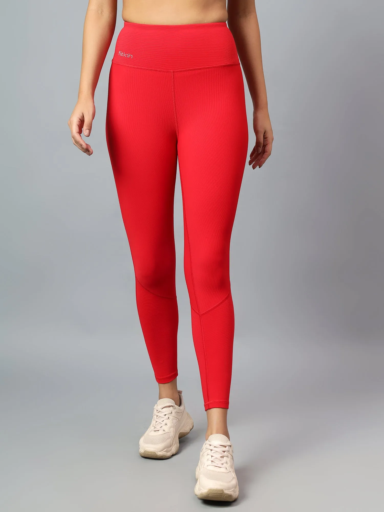 Women's Red Ribbed High Waist Training Tights